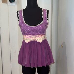 Heatherette purple polka dot bow top blouse Womens size four tank